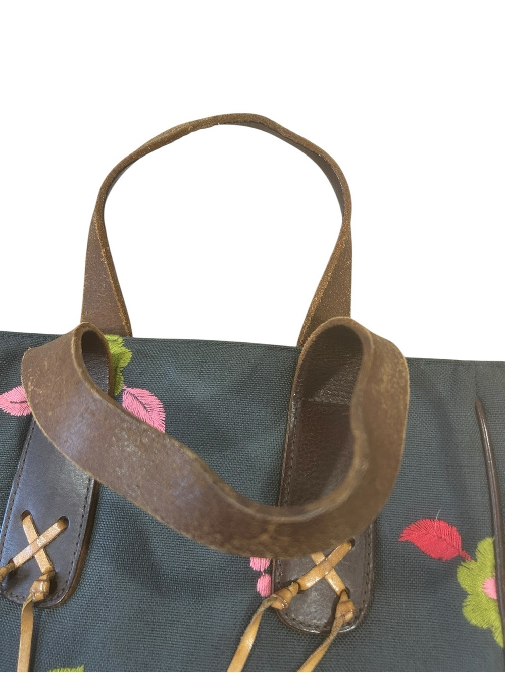 MZ Wallace Vintage Blue Floral Embroidered Canvas Tote Bag Leather Trim bohochic - Picture 5 of 16